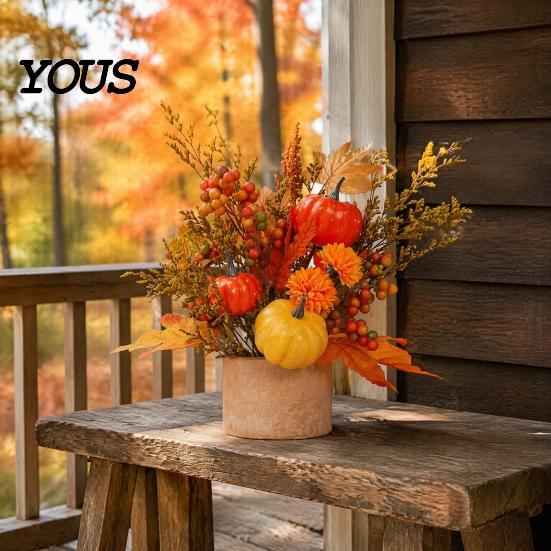 Small Potted Plant for Fireplace Fall Pumpkin Flower Arrangement, Artificial Maple Berry Halloween Indoor Decoration Thanksgiving, Harvest Home