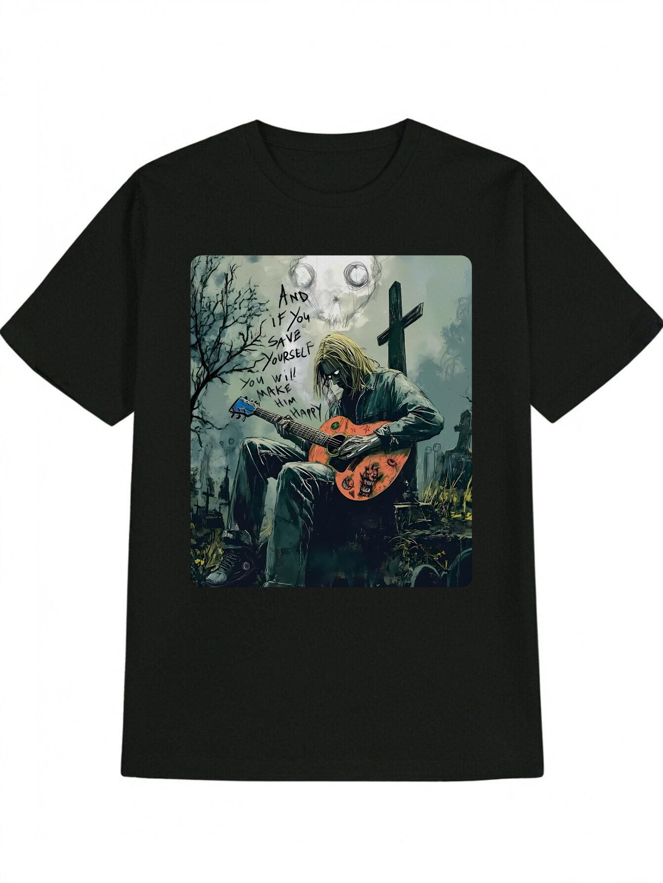 Casual Graphic T-shirt - Black Long-Haired Guitarist Graveyard Art Print XXXXL