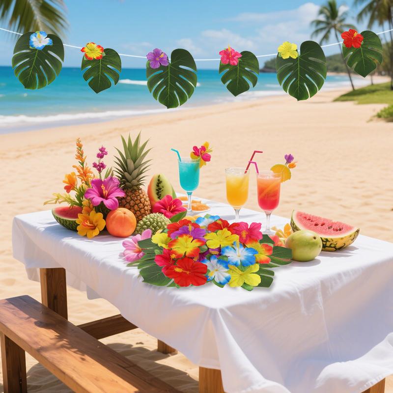 Artificial Tropical Palm Leaves Hibiscus Flowers for Hawaiian Luau Tropical Party Table Decoration Wedding Jungle Birthday Decor