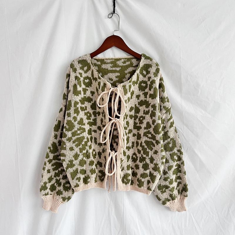 New In Leopard Print Round Neck Lace-up Knitted Cardigan Women Autumn Winter Trendy Streetwear Sweater Coats
