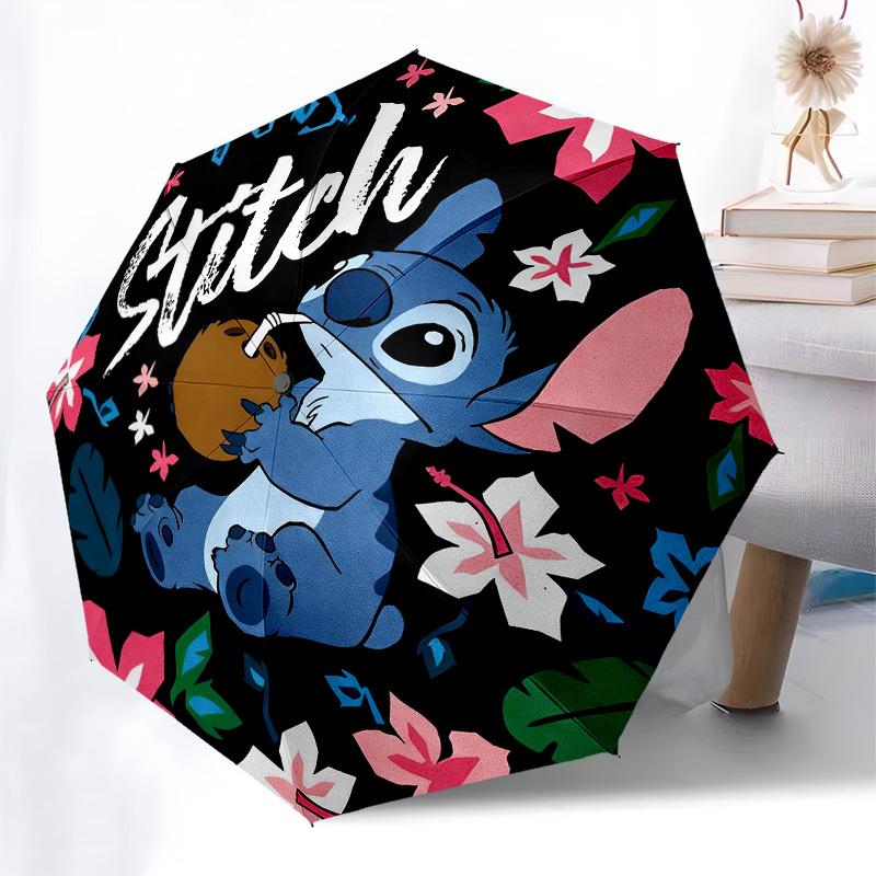 1 st Stitch Blommig Automatisk Fällbar Paraply, Kraftig 8-ribbat Järnram, Lämplig för Resa, Daglig Användning, Födelsedag, Dekorationspresent 72
