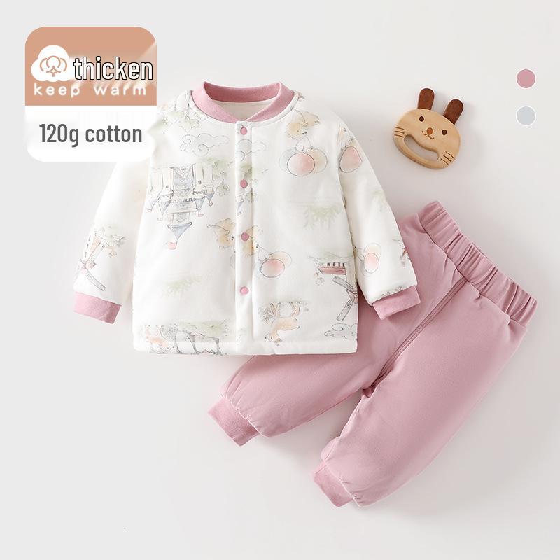 Premium Spring/Autumn Pure Cotton Baby Two-Piece Set: 120g Padded Warm Homewear Jacket