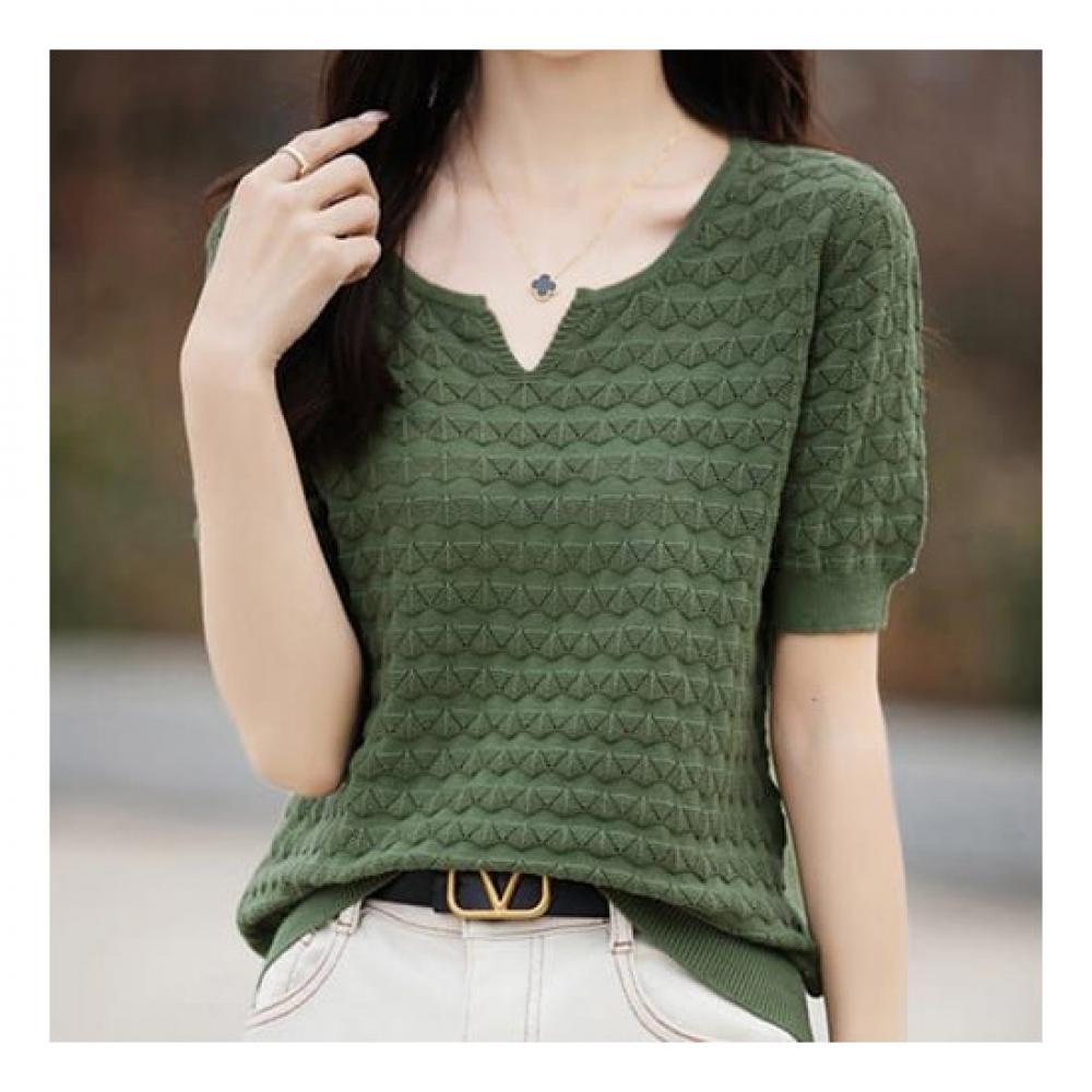 Navava Simple Daily Punching Trim Neck Short Sleeve Knit Tee Nk2020