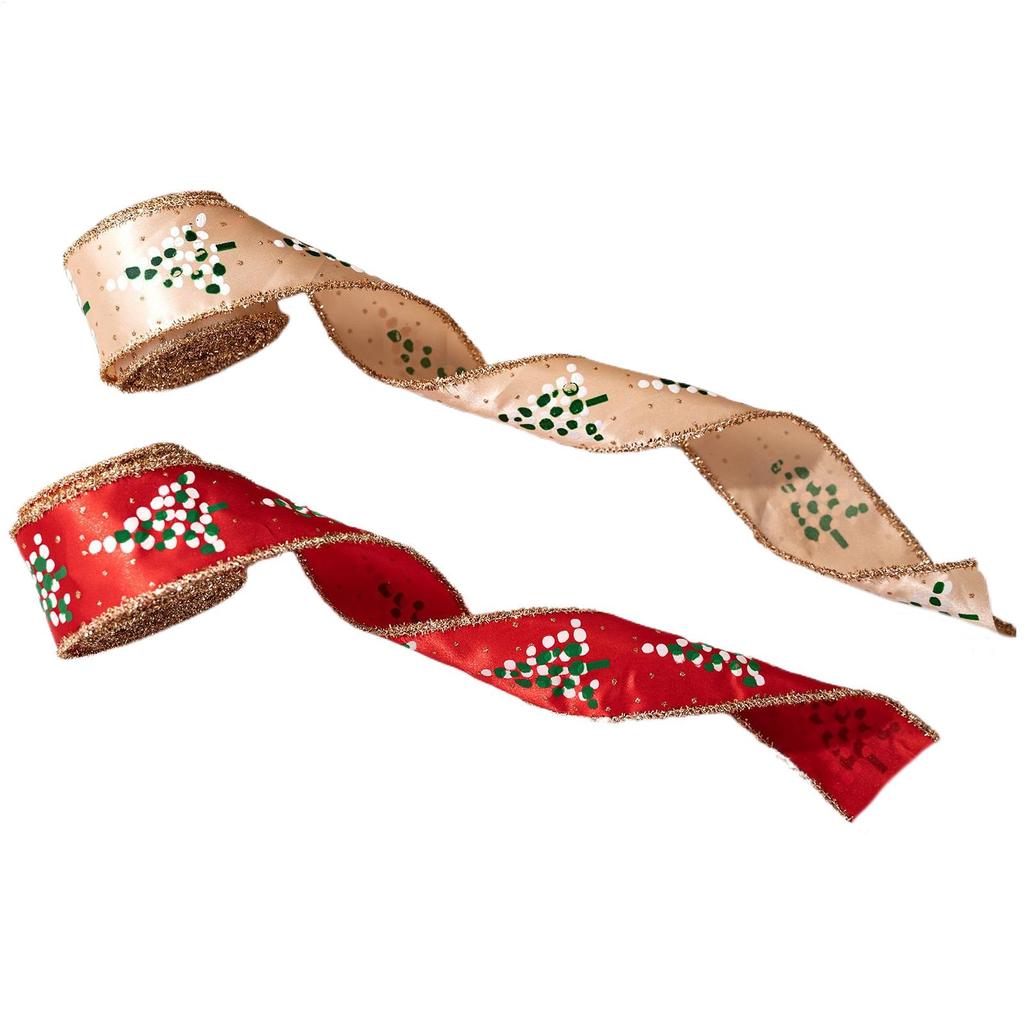 Christmas Wreath Ribbon 2 Rolls Wired Edge Tree Decoration Holiday Crafts Wrapping Ribbon For Party Stairs Window Garden Garland