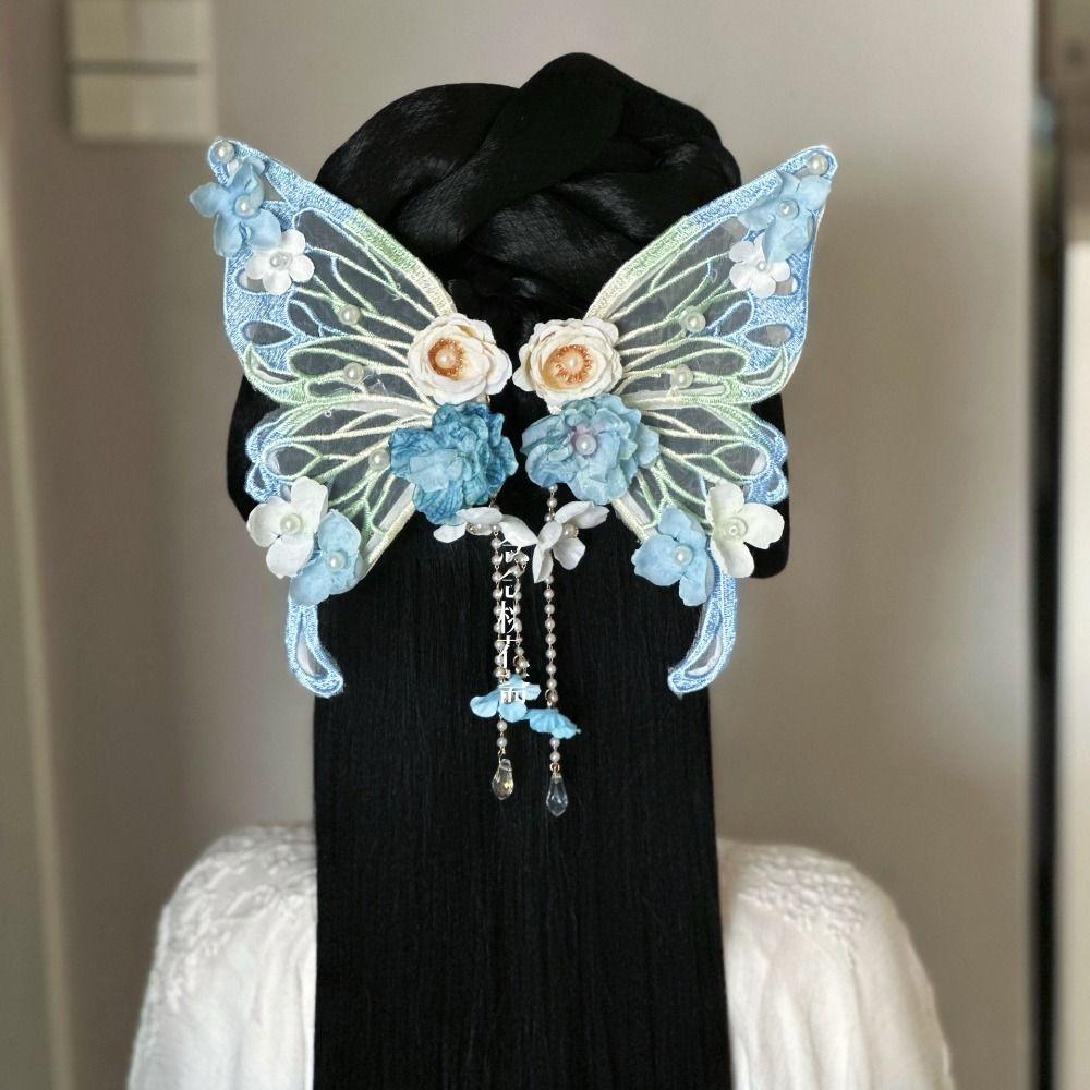 Mesh Tassel Duckbill Clip Imitation Pearl Flower Hair Clip Fairy Large Butterfly Hairpin  Daily