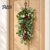 Rustic Christmas Wall Decor Teardrop Swag, Artificial Holly Leaves Swag Wreath with Pinecones Fireplace Mantle Berries for Front Door, Cabinet, Wall,