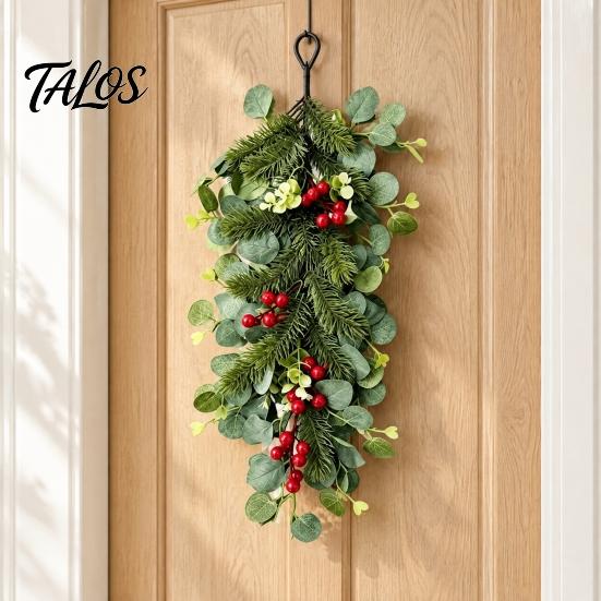 Rustic Christmas Wall Decor Teardrop Swag, Artificial Holly Leaves Swag Wreath with Pinecones Fireplace Mantle Berries for Front Door, Cabinet, Wall,