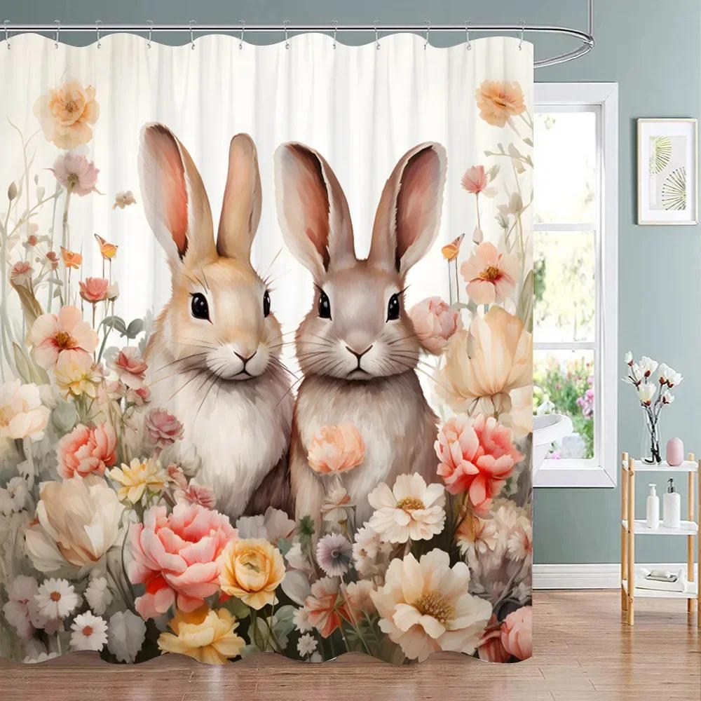 

Easter Shower Curtain Happy Easter with Bunny Eggs Vintage Style Easter Shower Curtain Bathroom Decoration W90XH180cm
