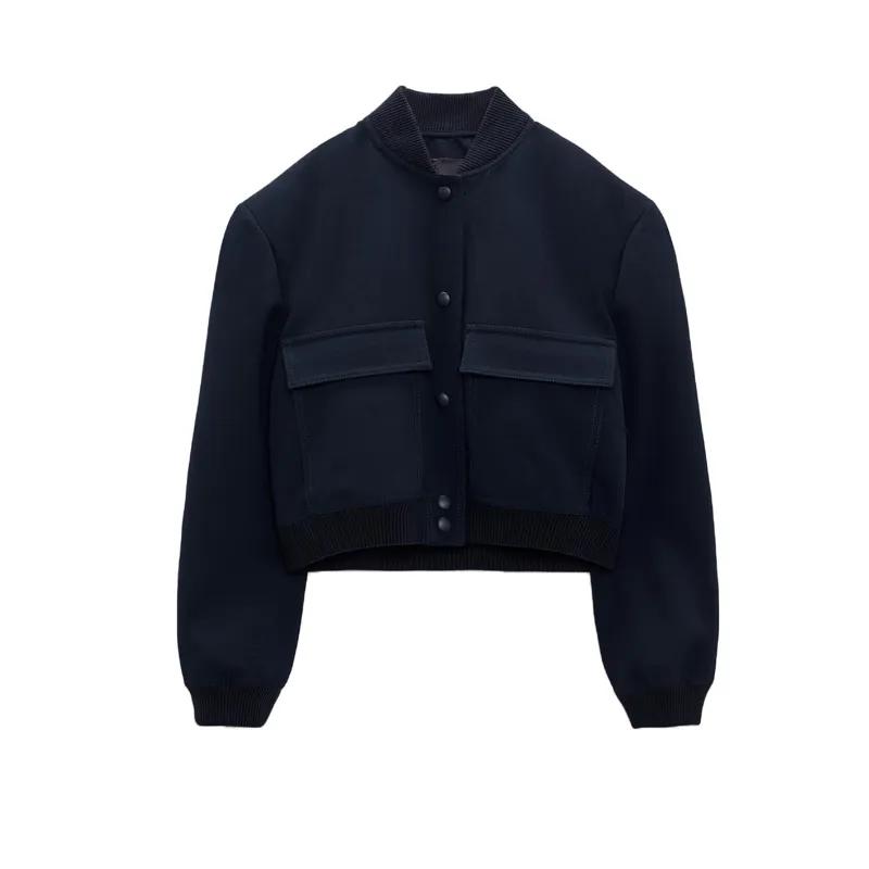 Women's Casual Cropped Bomber Jacket Button Closure Chest Pockets Long Sleeve Streetwear Black Top