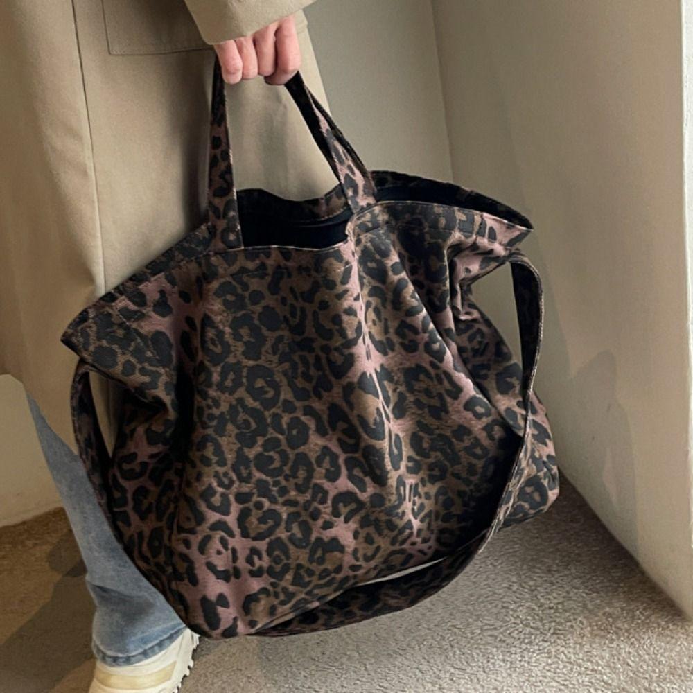 Large Capacity Leopard Crossboby Bag Retro Commuting Handbag Trendy Canvas Tote Bag  Shopping