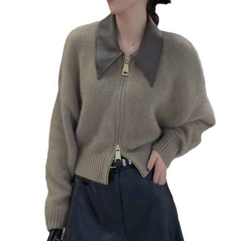 Autumn and Winter New Design Lapel Knitted Cardigan Top Women's Contrasting Color Soft Waxy Sweater Jacket Tide