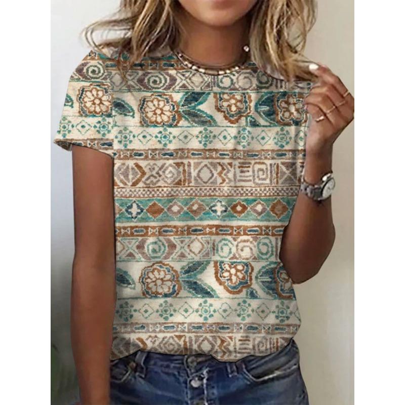 Summer Loose Round Neck T-shirts Ethnic Style Fashionable Straight Tube Short Sleeved Women's T-shirts
