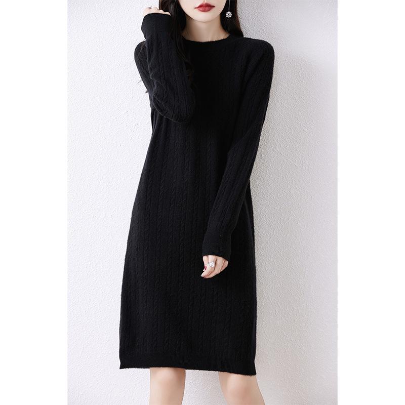 2023 Women's Mid-Length Merino Wool Sweater Dress - Round Neck, Long Sleeve Knitwear for Autumn and Winter