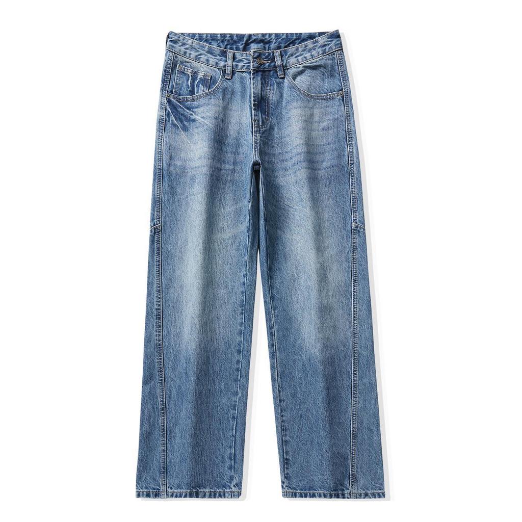 Blue Washed Trendy Jeans Men's Trendy Splicing Loose Straight American Retro Wide-leg Pants Men's Wholesale