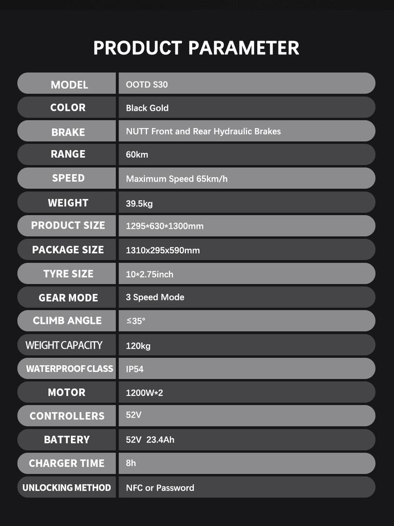OOTD S30 Electric Scooter 2400W Dual Motor 52V23.4AH Support APP NFC Unlock Hydraulic brake 10 inch Tire Commuter Fold E-Scooter
