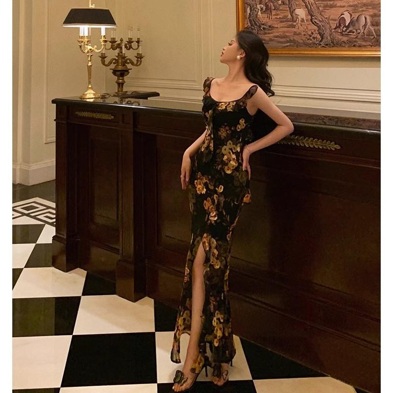 Temperament celebrity royal sister style suspender dress retro printing design sense niche split fork slim hip wrap long skirt