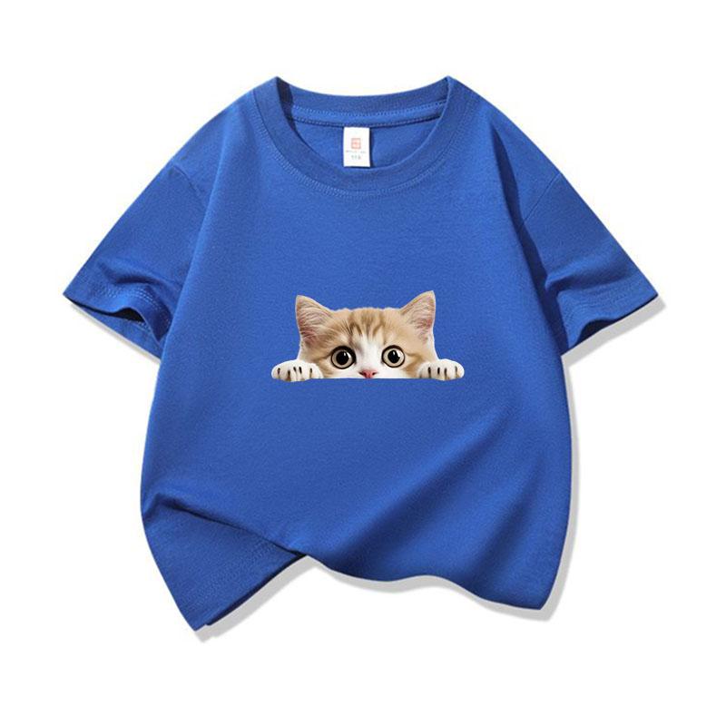 Kids Cotton T Shirt Peeking Orange Kitten Cat Print Crew Neck Short Sleeve Tee Casual Breathable Boys Girls Summer Tops