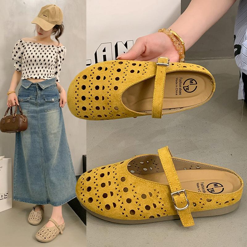 Baotou Half Slippers Women's 2025 Summer New Korean Version Hollow Fashion Belt Buckle Flat Bottom One Pedal Boken Slippers Women