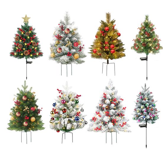 23 Inch Lighted Artificial Christmas Urn Filler Pre-lit Xmas Pine Tree with Cones Red Berries Tripod Stake And LED Light Outdoor Porch Planter Filler