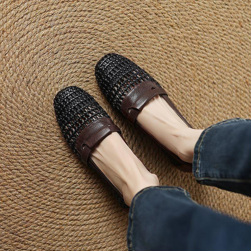 Square Head Versatile Hole Shoes Retro Hollow Weaving Spring and Summer New Daily Casual Breathable Single Shoes