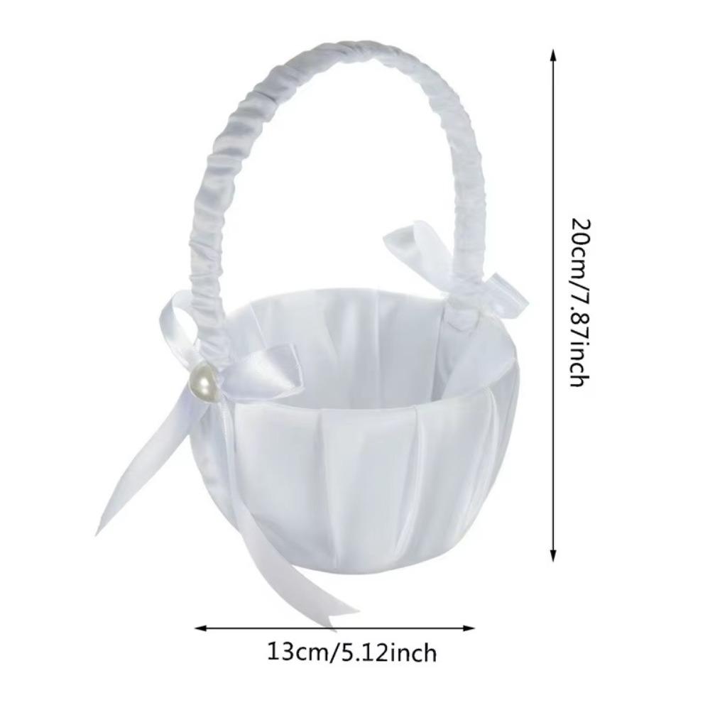 20 Cm White Flower Girls Basket Pearl Bow Kids Hand Held Wedding Basket Silk Wedding Ceremony Party Decorations