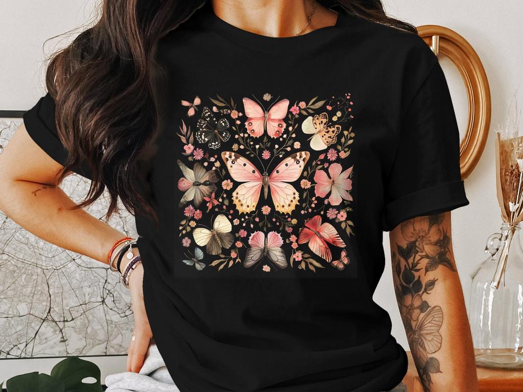 Butterfly T-Shirts, Cottagecore Floral T Shirts, Botanical Tee, Butterfly Design, Nature Lover Gift, Delicate Insect Art T Shirts