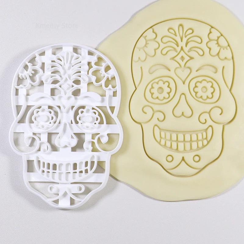

Halloween Decoration Skull Head Cookie Cutter Mold Stamp Day of the Dead Skeloton Face 3D Plastic Biscuit Press Mould for Baking