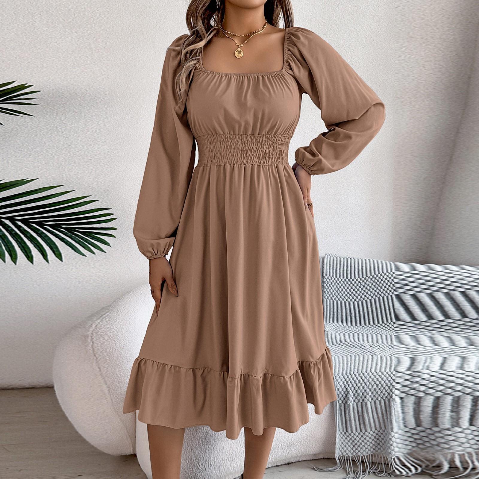 

Жіноча повсякденна однотонна сукня з квадратним вирізом, довгим рукавом, приталена на талії, зі спідницею А-силуету з рюшами XL хакі