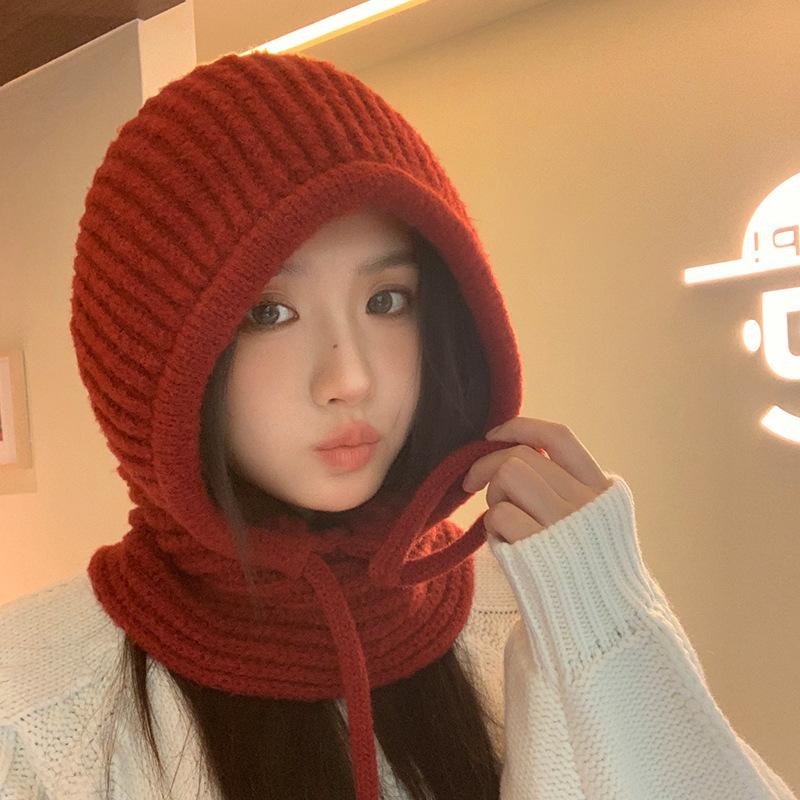 Autumn and Winter Hats for Women  One Piece Big Head Circumference Balaclava Hat Korean Versatile Windproof and Warm Wool Hat