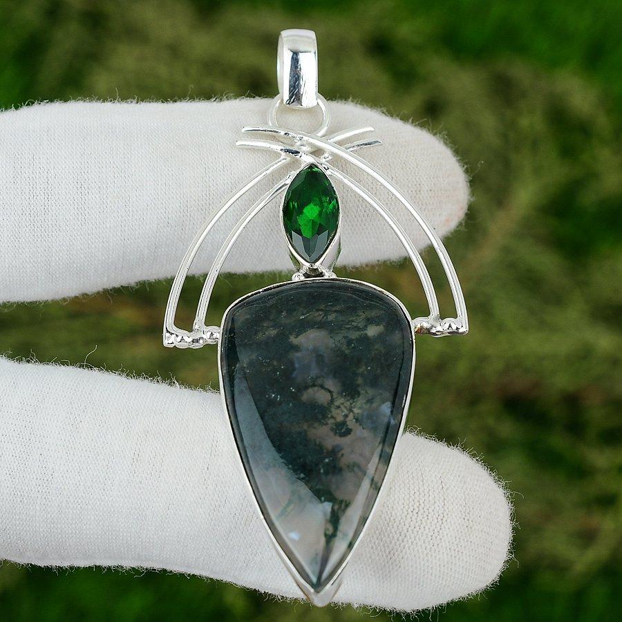 

925 Silver Solar Moss Agate Stone Chrome Diopside Engagement New Pendant Jewelry