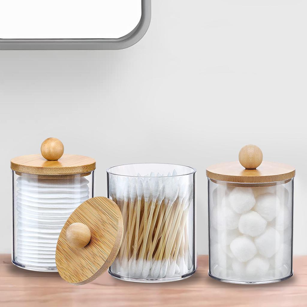 3Pcs Qtip Holder Dispenser with Bamboo Lids Clear Acrylic Bathroom Jars with Tray Cotton Swab Storage Dispenser Reusable