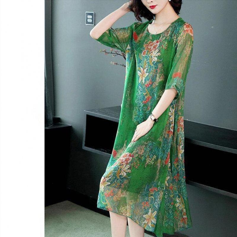Women's Summer Dress with Belly Covering and Slimming Print Dress, Elegant Long Skirt for Middle-aged and Elderly Plus Size Temperament