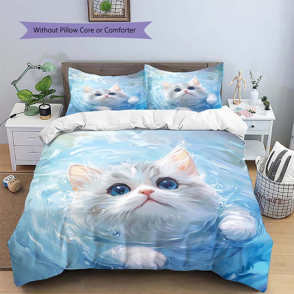 Cat with Water Ripple Pattern Pattern Bedding Quilt Set  Home Decoration  Gift (1 * duvet cover + 2 * pillowcase  without core)