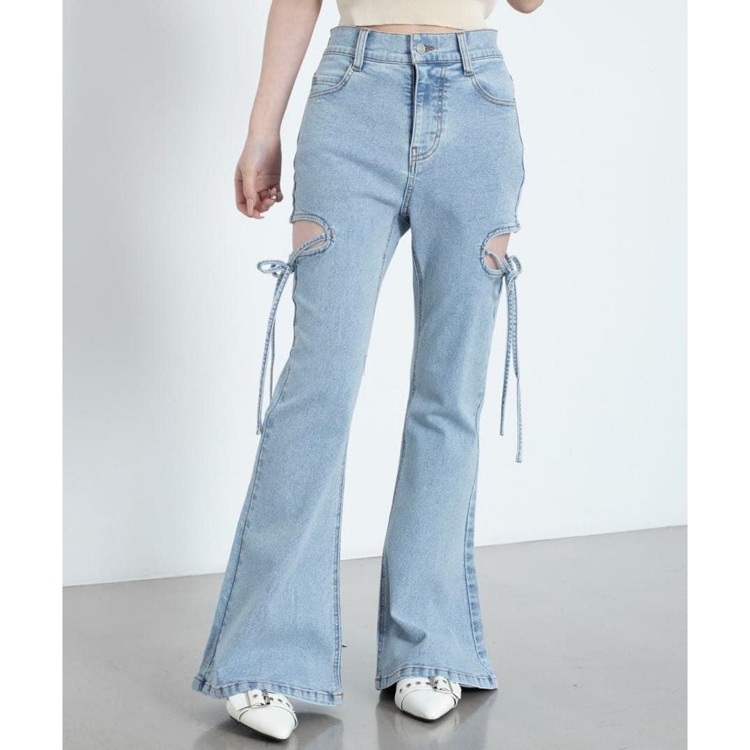 WEGO/[New Spring/Summer 2026] Cut-out ribbon stretch flare denim pants