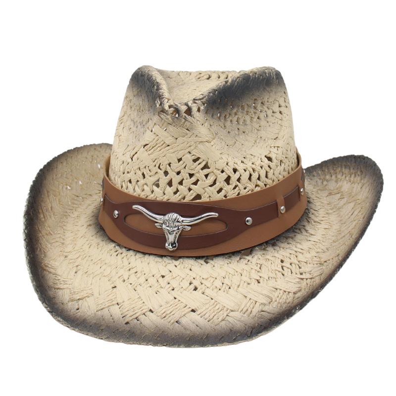 Трансграничная Шляпа Ковбоя Западная Открытая Пляжная Шляпа от Солнца Европейская и Американская Горячая Распродажа Ковбойская Цилиндрическая Шляпа Полая Изогнутый Край Шляпа от Солнца one size [spray painted straw hat]