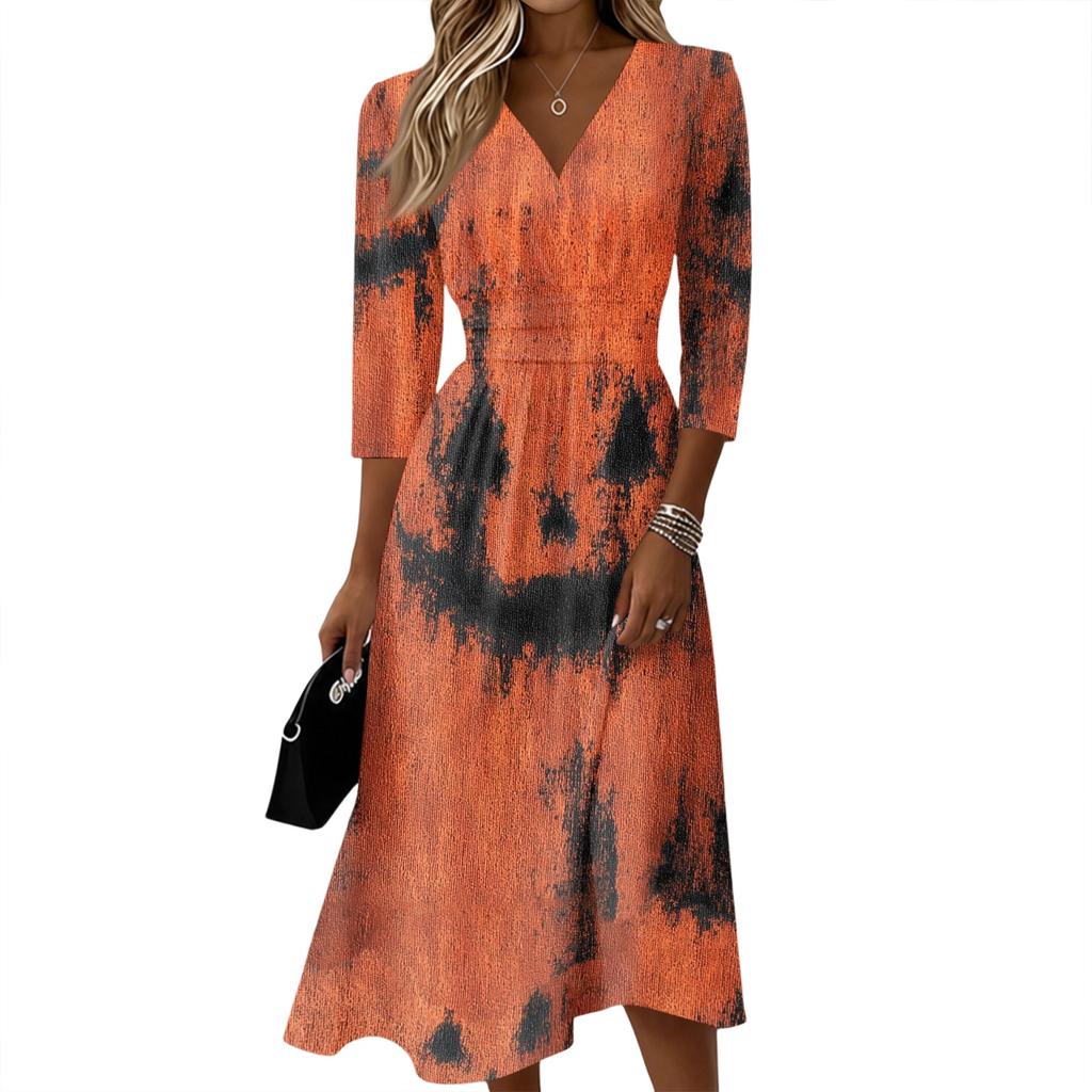 Women’s Casual V Neck Midi Dress with Back Zipper and Handprint Pattern Three Quarter Sleeves Waist Design