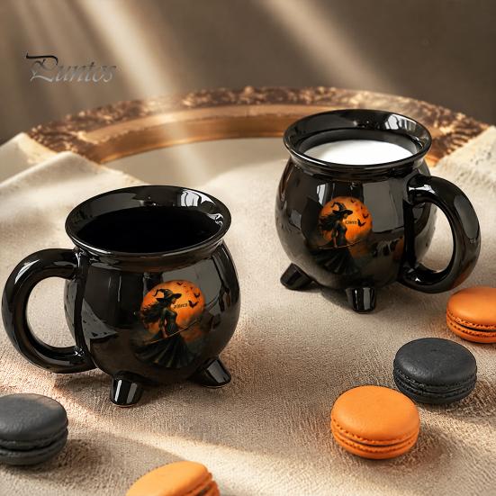 Kaffee Milch Heiße Schokolade Tasse Halloween Hexe Kessel Tasse, 350ml Vintage Gotisch Dreibeiniger Zaubertopf, Tasse für Schwarze Katze Keramik Haus Und Büro Dekoration Drei
