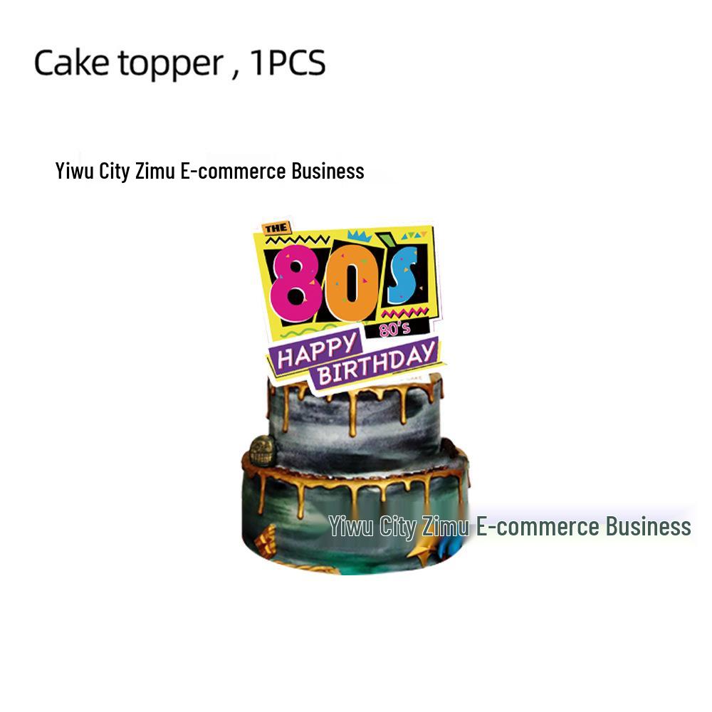 80s Themed Birthday Party Decorations: Cartoon Balloons, Cake Toppers, and Banners.