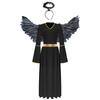 Womens Angel Cosplay Costume Long Sleeve Gold Trim Angel Dress Gown Feather Wings Headwear Set