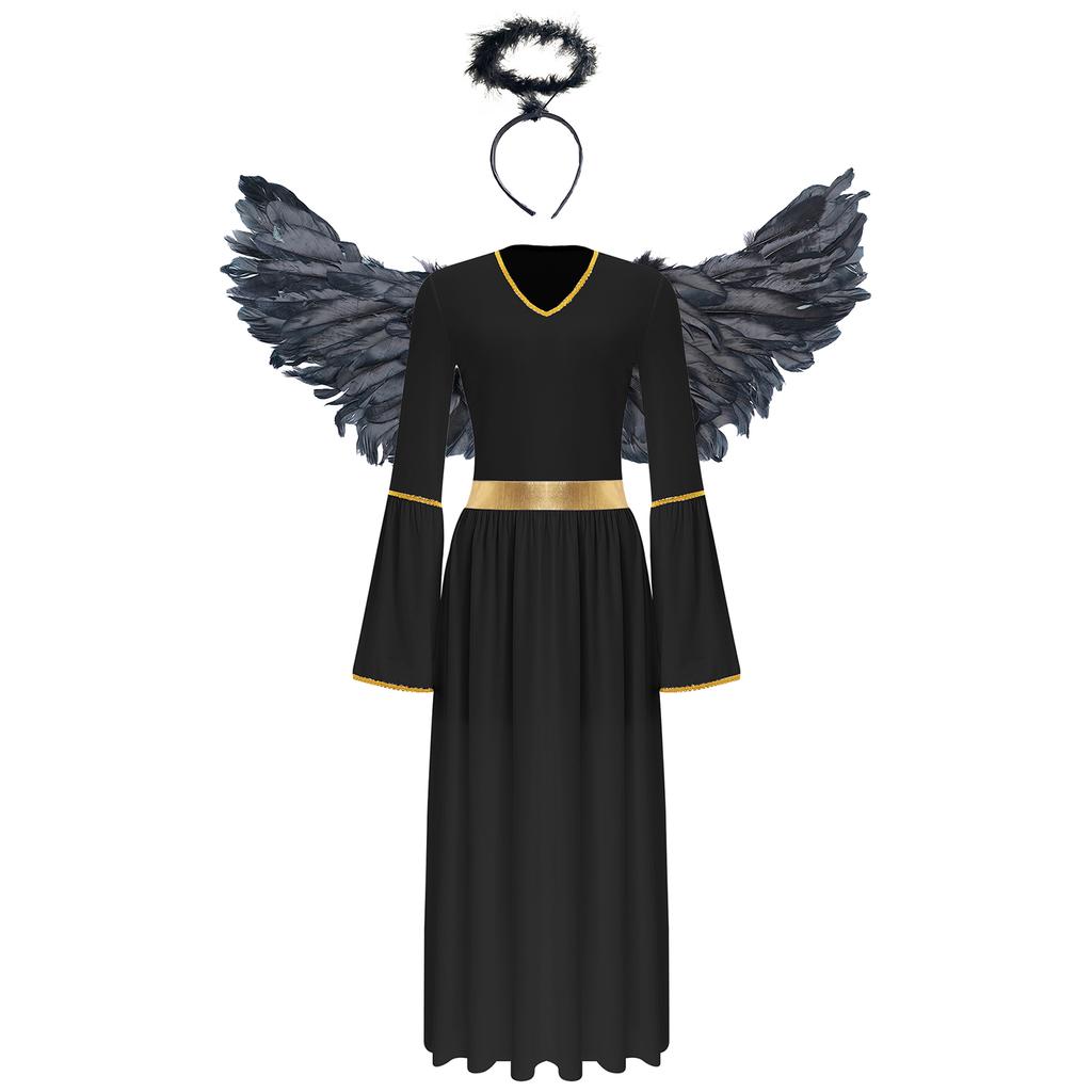 Womens Angel Cosplay Costume Long Sleeve Gold Trim Angel Dress Gown Feather Wings Headwear Set
