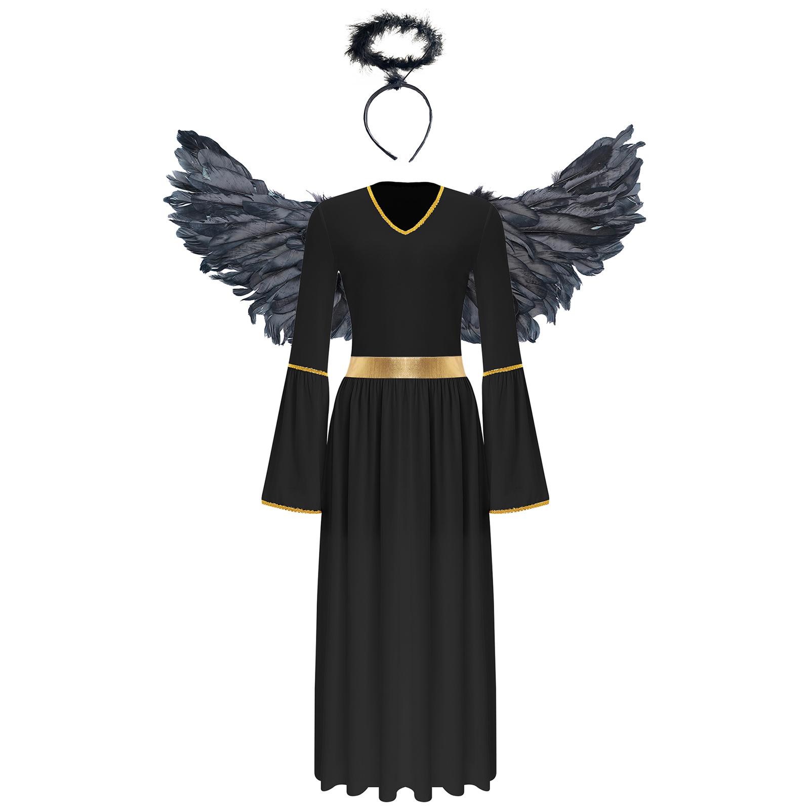 

Women Angel Cosplay Costume Set with Feather Wings & Headwear Long Sleeve Gold Trim Gown Dress for Party Performance S-XXL S