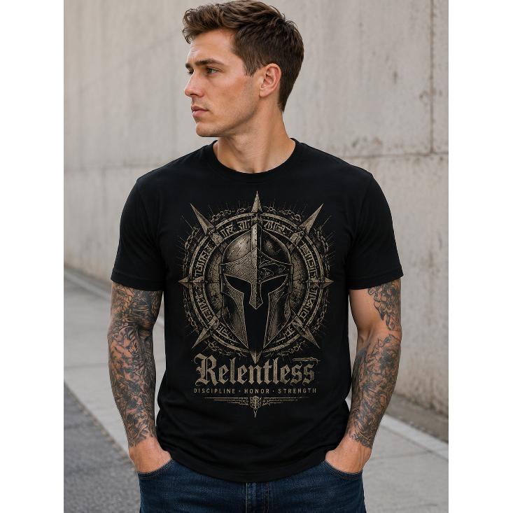 Men s Relentless Spartan Graphic Tee, Short Sleeve Crew Neck Cotton Blend, Vintage Warrior Helmet Design for Gym Streetwear Casual Daily Wear S чёрный