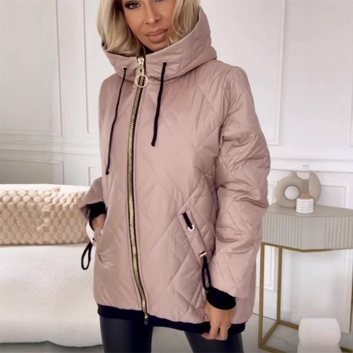 Autumn and winter European and American fashion women s clothing casual hooded solid color cotton jacket S розовый