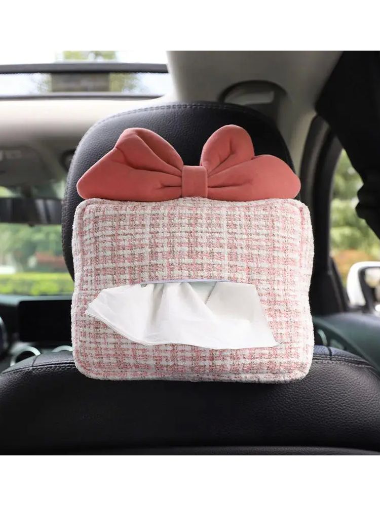 2025 Year Cute Cartoon Bowknot Car Tissue Box Female Car Seat Back Armrest Paper Box Seatbelt Cover Interior Decoration Supplies
