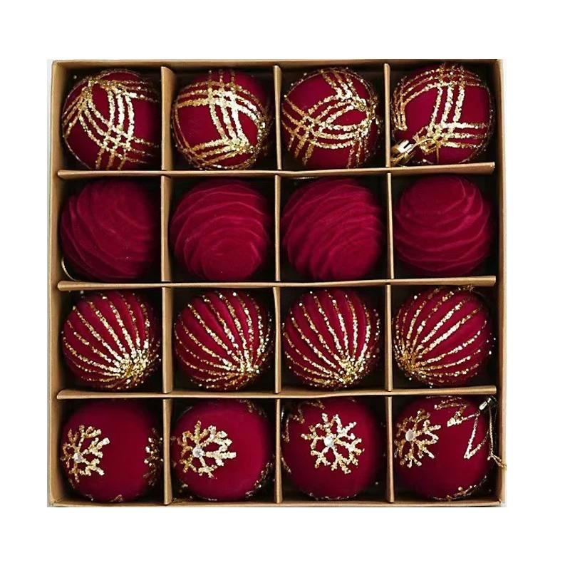 24pcs Wine Red Christmas Ball Ornaments Flocking Christmas Tree Party Decoration New Year Christmas Spheres Pendant Balls