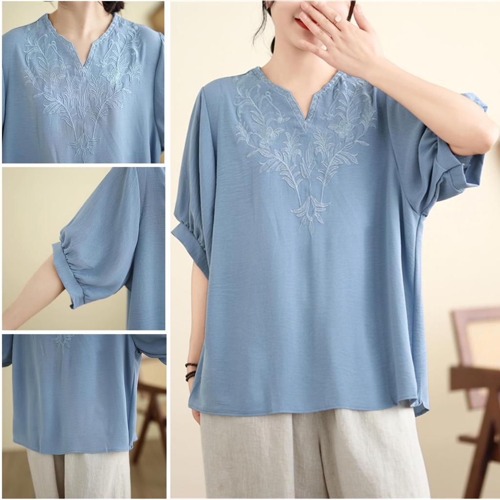 Short Sleeve Pullover with Floral Embroidery and Balloon Loose Office [POGCZMKK] Women's Blouse, V-Neck Top, T-Shirt Sleeves, Slimming, Fit,