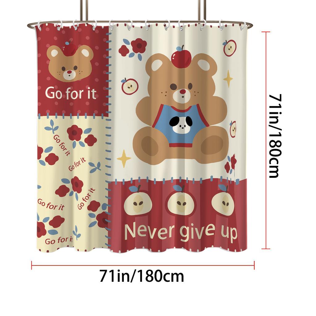 1Pc Cute Bear Printed Waterproof Shower Bathe Partition Privacy Hanging Curtain With 12 Hooks Multiple Size  Machine Washable
