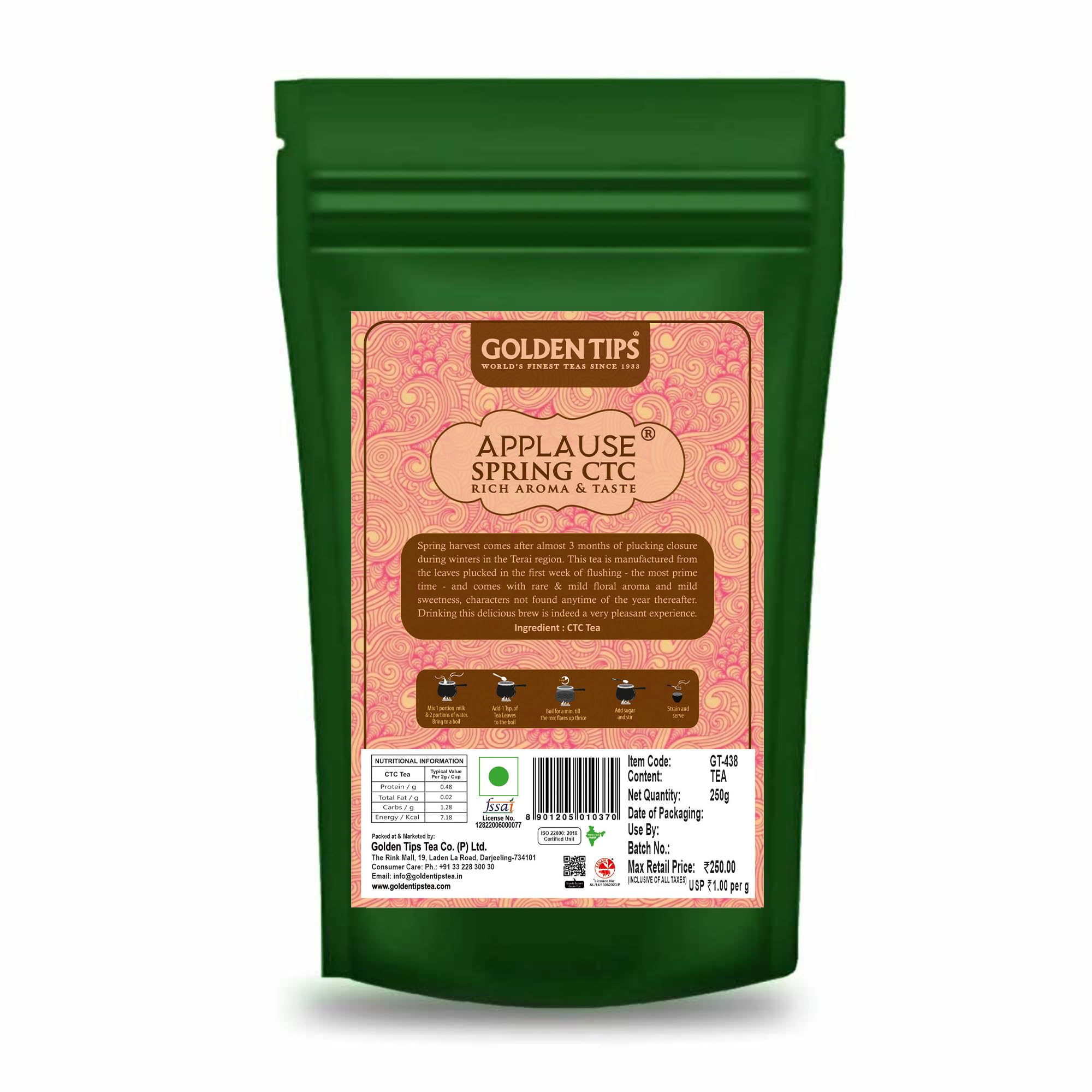 

Golden Tips Premium First Flush CTC Spring Tea, Strong Floral Aroma, Light Sweetness, Handpicked Early Terai Leaves (500 Gram- 250 Cups)