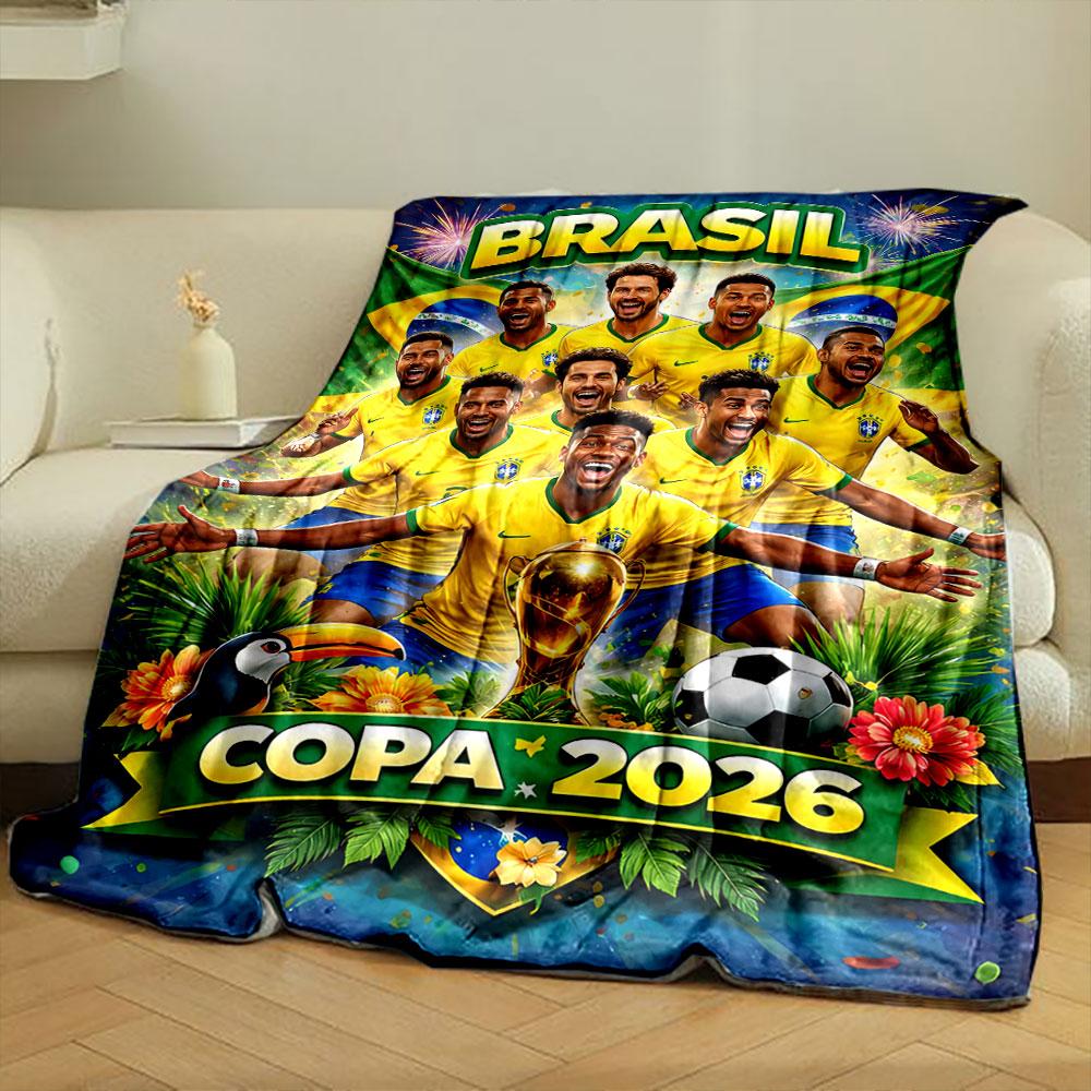 Soccer team in yellow jerseys with Brazil flags and Copa 2026 below. for all seasons blanket lunch break throw gift