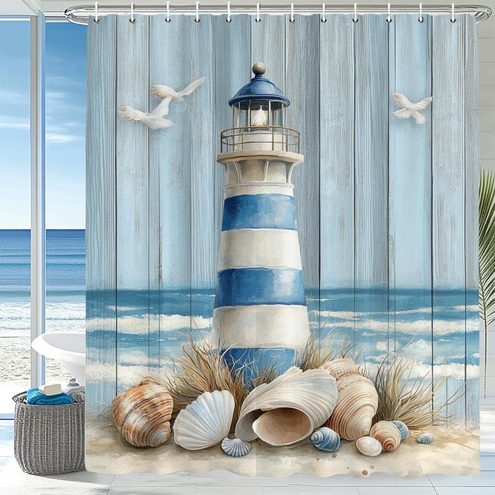 Blue Ocean Beach Seaside Lighthouse View Shower Curtain, Bathroom Decorative Shower Curtains, Home Curtain With Hooks